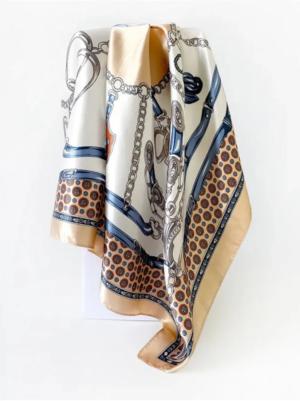Classic Silk-Print Scarf in Cream, Navy & Camel